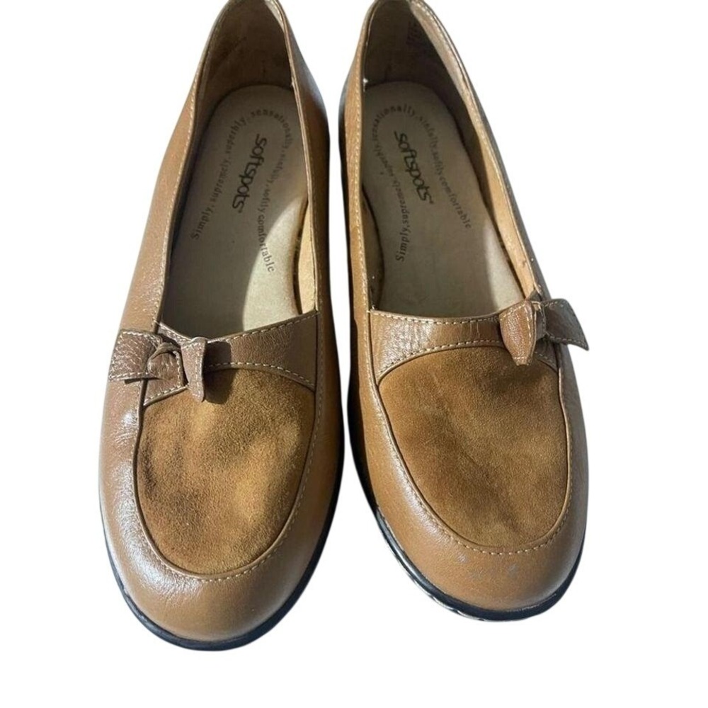 Softspots Women Tan Brown Leather Suede Bow Slip On Loafers Comfort Shoes SZ8